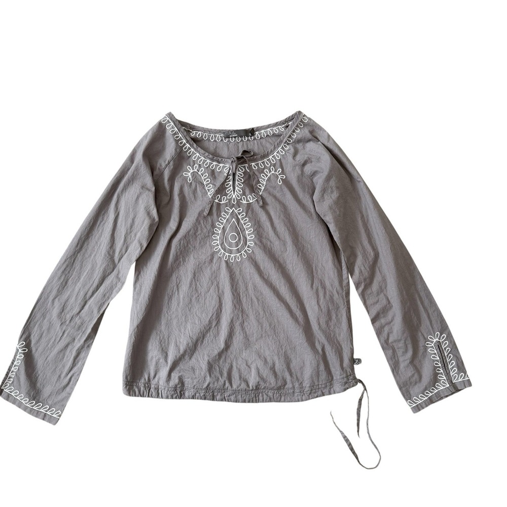 Prana Cotton Embroidered Blouse Womens Small Gray Bohemian Coastal Lightweight
